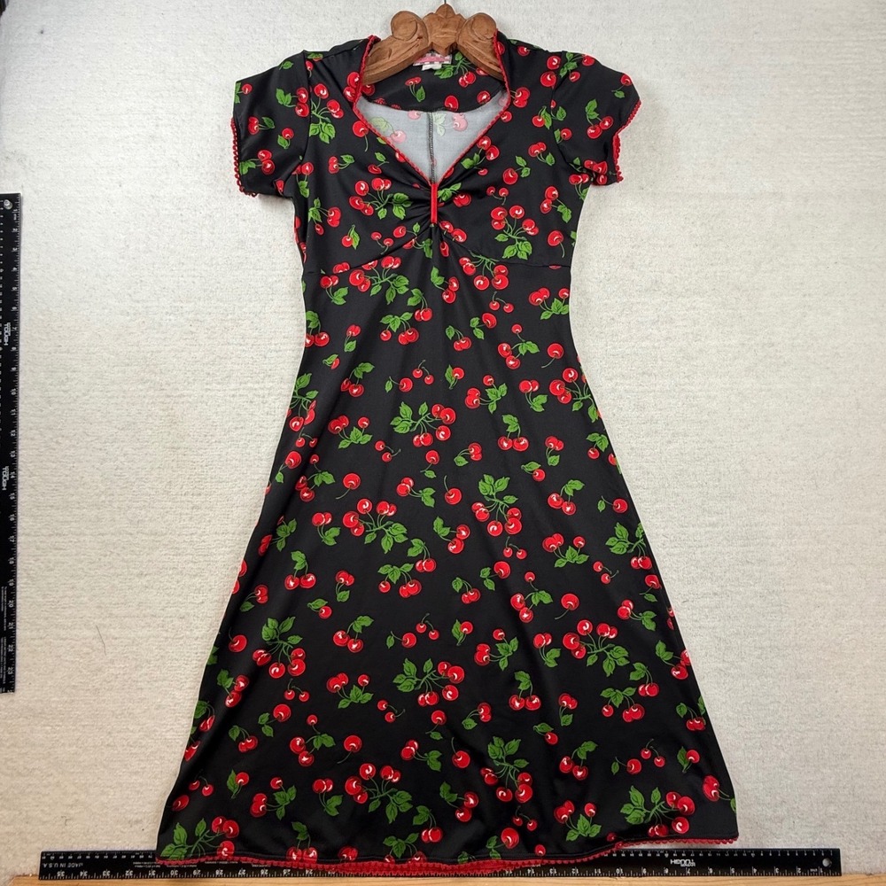 Pin Up Girl Cherry Print Rockabilly Dress Black Cap Sleeve Medium kitschy retro - Picture 5 of 12